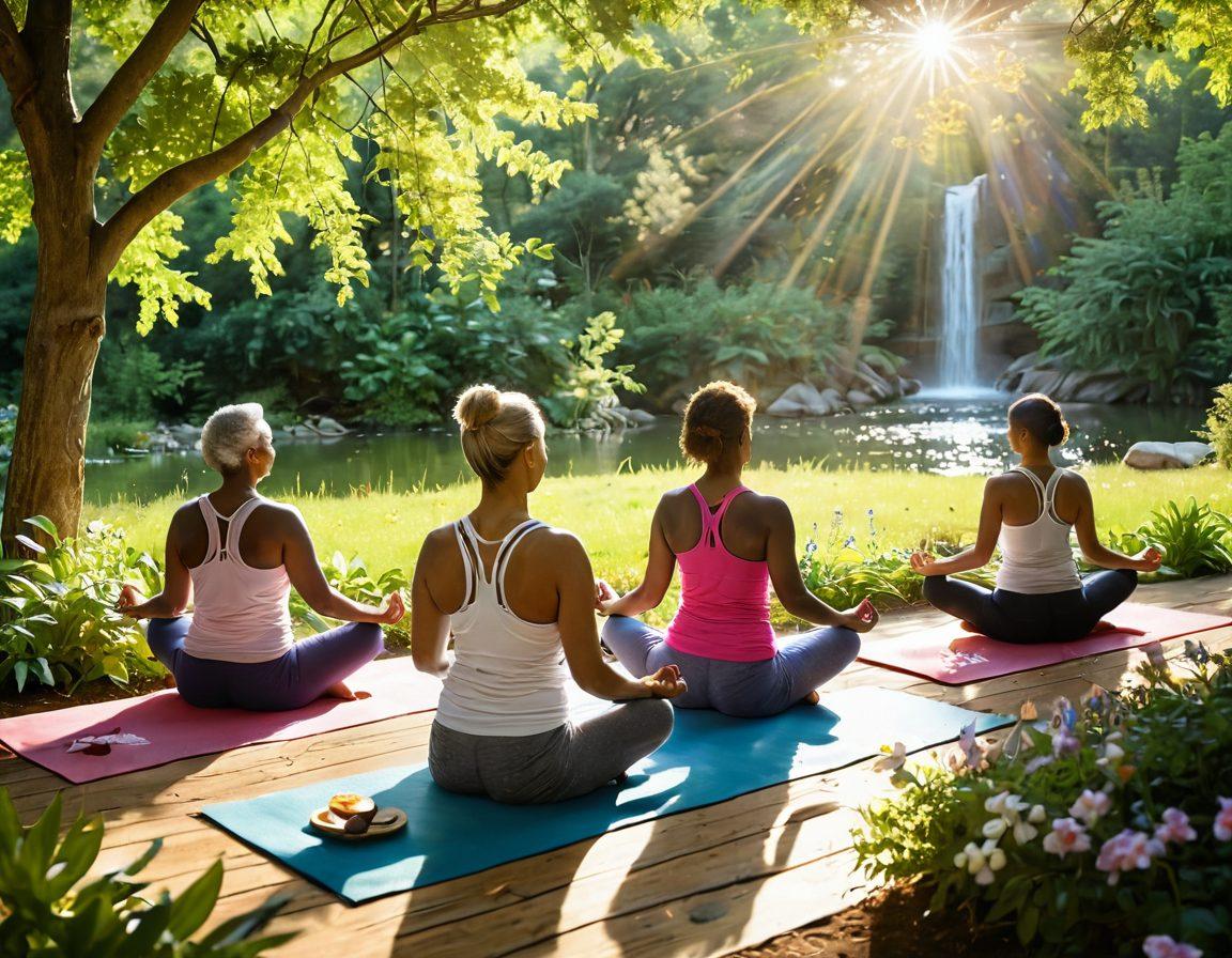 A serene and uplifting scene depicting a diverse group of cancer survivors engaging in various wellness activities such as yoga, meditation, and healthy cooking in a natural park setting. Bright, warm sunlight filters through lush greenery, symbolizing hope and renewal. Include elements like colorful flowers and soft sunlight reflecting off water to enhance the atmosphere. super-realistic. vibrant colors. peaceful ambiance.