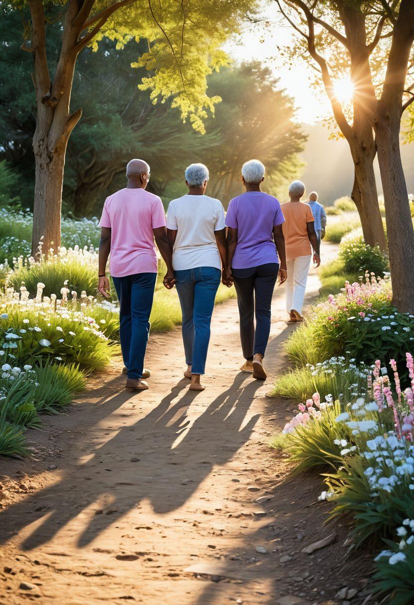 A serene scene depicting a diverse group of cancer survivors walking along a peaceful path lined with blooming flowers, symbolizing hope and resilience. Include elements like supportive family members and resource pamphlets scattered along the trail, representing essential resources. The sun is setting in the background, casting a warm golden glow, inspiring a sense of tranquility and healing. super-realistic. vibrant colors. soft background.